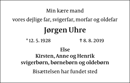 Dødsannoncen for Jørgen Uhre - Holte