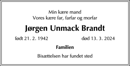 Dødsannoncen for Jørgen Unmack Brandt - Charlottenlund