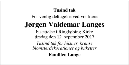Taksigelsen for Jørgen Valdemar Langes - Ringkøbing