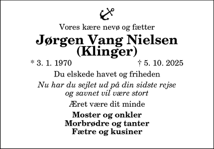 Dødsannoncen for Jørgen Vang Nielsen
(Klinger) - Hanstholm