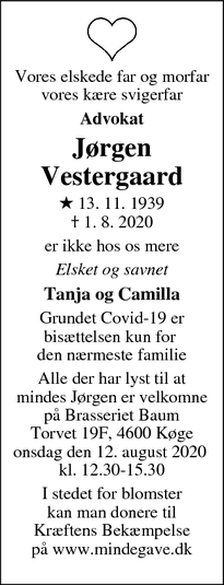 Dødsannoncen for Jørgen Vestergaard - Køge