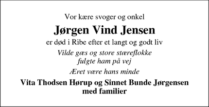 Dødsannoncen for Jørgen Vind Jensen - Ribe