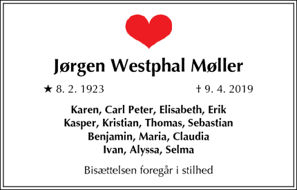 Dødsannoncen for Jørgen Westphal Møller - Stenlille