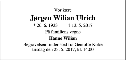 Dødsannoncen for Jørgen Wilian Ulrich - Espergærde