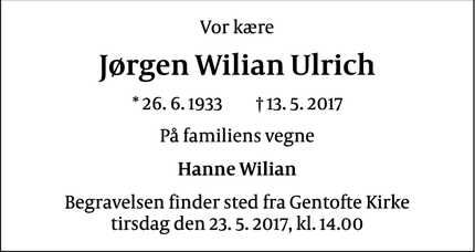 Dødsannoncen for Jørgen Wilian Ulrich - Espergærde