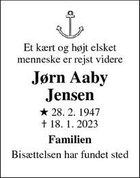 Dødsannoncen for Jørn Aaby Jensen - Roskilde