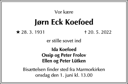 Dødsannoncen for Jørn Eck Koefoed - København K