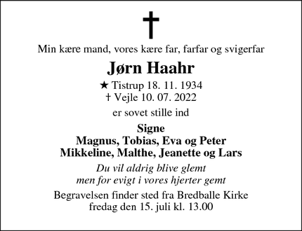 Dødsannoncen for Jørn Haahr - Vejle