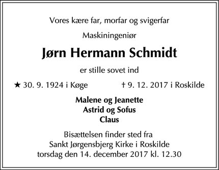 Dødsannoncen for Jørn Hermann Schmidt - Roskilde