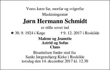 Dødsannoncen for Jørn Hermann Schmidt - Roskilde