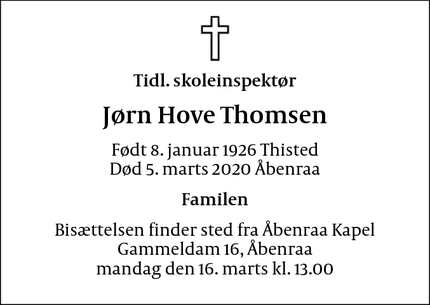 Dødsannoncen for Jørn Hove Thomsen - Åbenraa