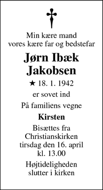 Dødsannoncen for Jørn Ibæk
Jakobsen - Fredericia