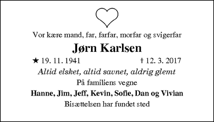 Dødsannoncen for Jørn Karlsen - Grumløse