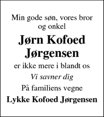 Dødsannoncen for Jørn Kofoed
Jørgensen - København S