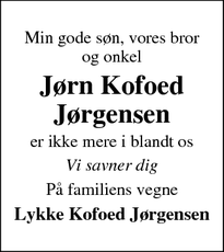 Dødsannoncen for Jørn Kofoed
Jørgensen - København S