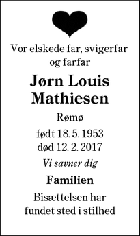 Dødsannoncen for Jørn Louis Mathiesen - Havneby