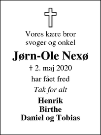 Dødsannoncen for Jørn-Ole Nexø - Nexø