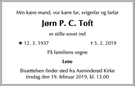 Dødsannoncen for Jørn P. C. Toft - Fredensborg