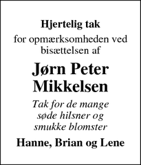 Dødsannoncen for Jørn Peter
Mikkelsen - Augustenborg 