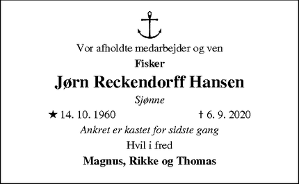 Dødsannoncen for Jørn Reckendorff Hansen - Hvide Sande