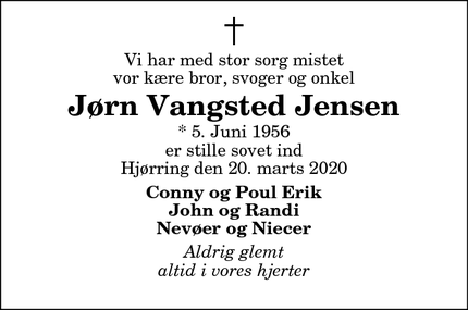 Dødsannoncen for Jørn Vangsted Jensen - Hjørring