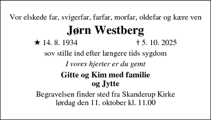 Dødsannoncen for Jørn Westberg - Vamdrup