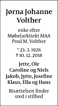 Dødsannoncen for Jørna Johanne Volther - Hellerup
