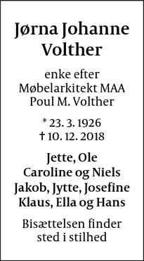 Dødsannoncen for Jørna Johanne Volther - Hellerup