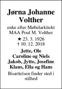 Dødsannoncen for Jørna Johanne Volther - Hellerup