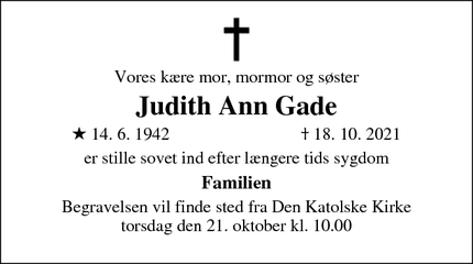Dødsannoncen for Judith Ann Gade - Silkeborg