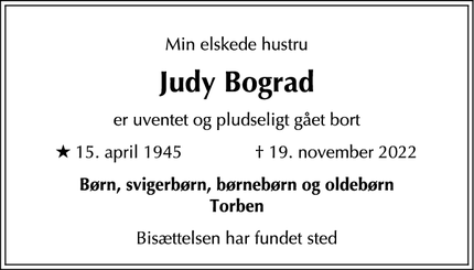 Dødsannoncen for Judy Bograd - Humlebæk