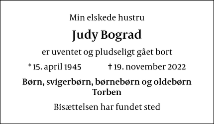 Dødsannoncen for Judy Bograd - Humlebæk