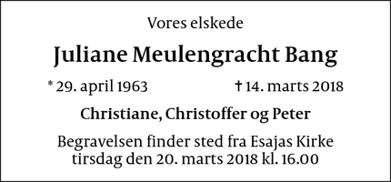 Dødsannoncen for Juliane Meulengracht Bang - Hellerup
