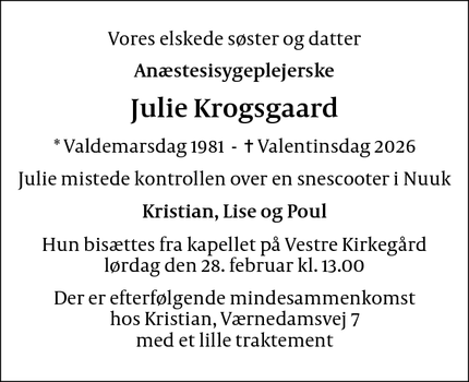 Dødsannoncen for Julie Krogsgaard - Charlottenlund
