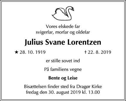 Dødsannoncen for Julius Svane Lorentzen - Dragør