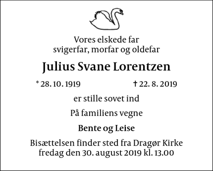 Dødsannoncen for Julius Svane Lorentzen - Dragør