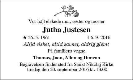 Dødsannoncen for Jutha Justesen - Køge