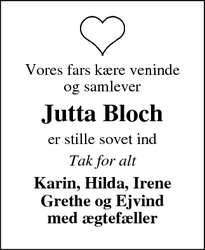 Dødsannoncen for Jutta Bloch - Ringkøbing