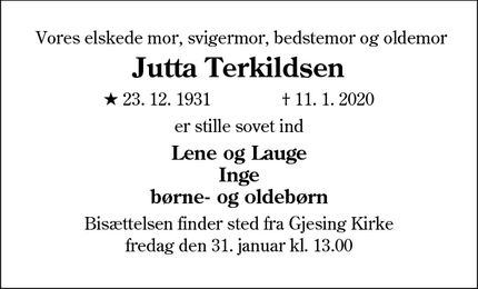 Dødsannoncen for Jutta Terkildsen - Ribe