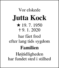Dødsannoncen for Jutta Kock - adsbøl