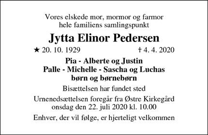 Dødsannoncen for Jytta Elinor Pedersen - Roskilde