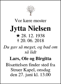 Dødsannoncen for Jytta Nielsen - Struer