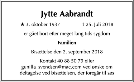 Dødsannoncen for Jytte Aabrandt - Frederiksberg