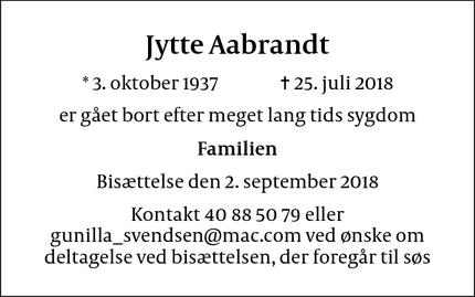 Dødsannoncen for Jytte Aabrandt - Frederiksberg