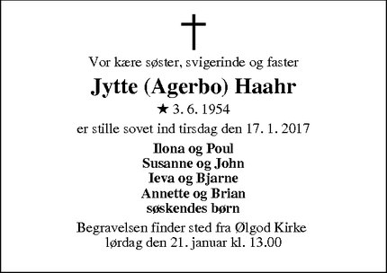 Dødsannoncen for Jytte (Agerbo) Haahr - Ølgod