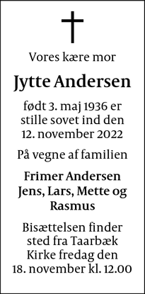 Dødsannoncen for Jytte Andersen - Gentofte