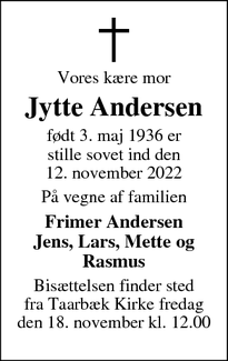 Dødsannoncen for Jytte Andersen - Gentofte