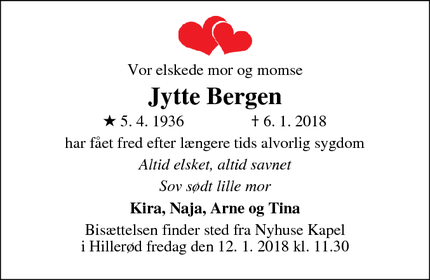 Dødsannoncen for Jytte Bergen - Hillerød