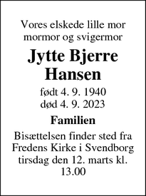 Dødsannoncen for Jytte Bjerre Hansen - Svendborg