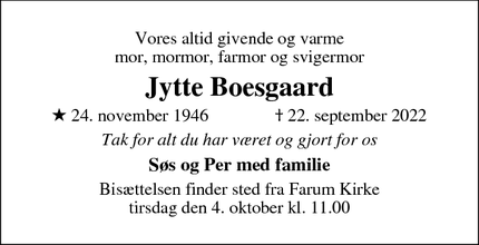 Dødsannoncen for Jytte Boesgaard - Farum